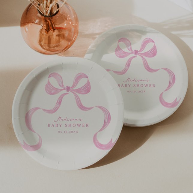 Soft Pink Hand Drawn Bow Baby Shower Paper Plates (Creator Uploaded)