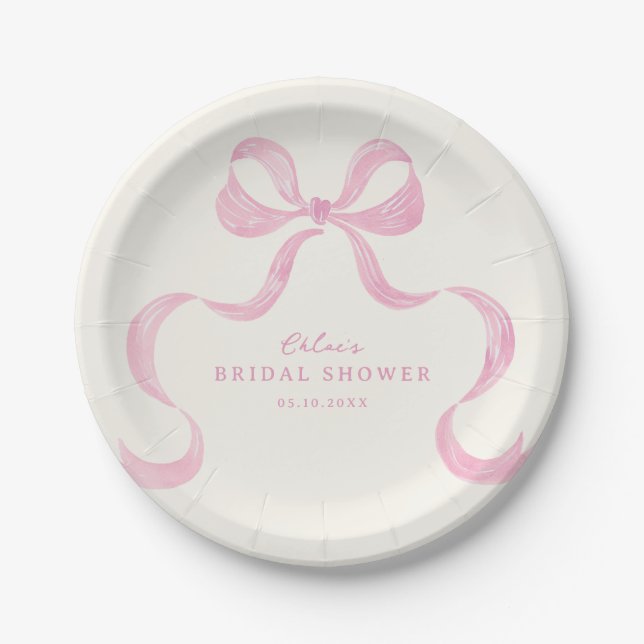 Soft Pink Hand Drawn Bow Bridal Shower Paper Plates (Front)