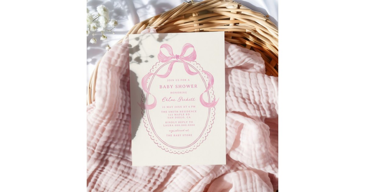 Soft Pink Hand Drawn Bow Frame Baby Shower Invitation | Zazzle