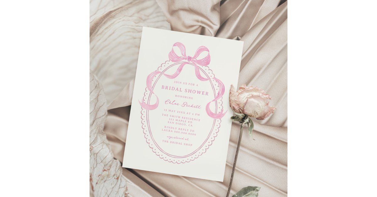 Soft Pink Hand Drawn Bow Frame Bridal Shower Invitation | Zazzle