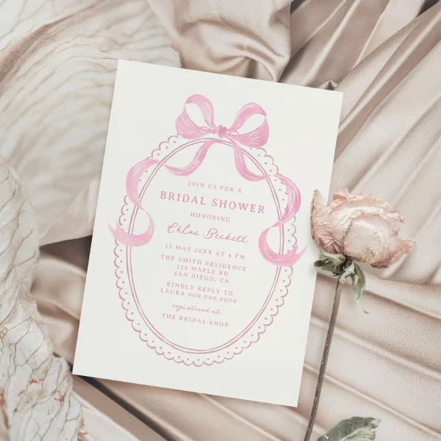 Soft Pink Hand Drawn Bow Frame Bridal Shower Invitation | Zazzle