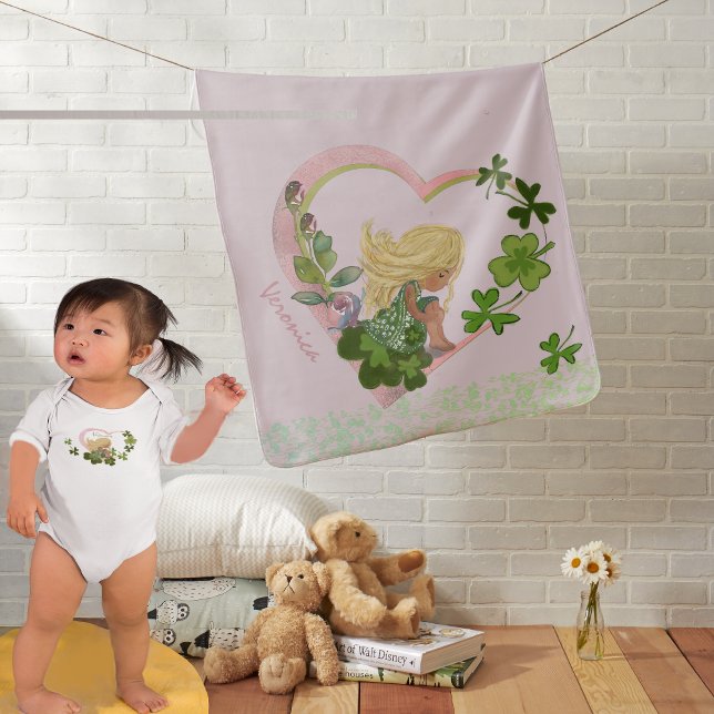 Soft Pink Heart Baby Girl Blanket (Soft Pink Heart Baby Girl Blanket featuring girl in a pink heart with shamrocks and pink flowers)