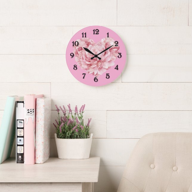 Soft Pink Heart Flower Large Clock (Reading Room)