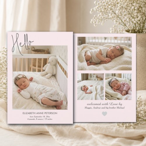 Soft Pink Hello Baby Photo Birth  Announcement