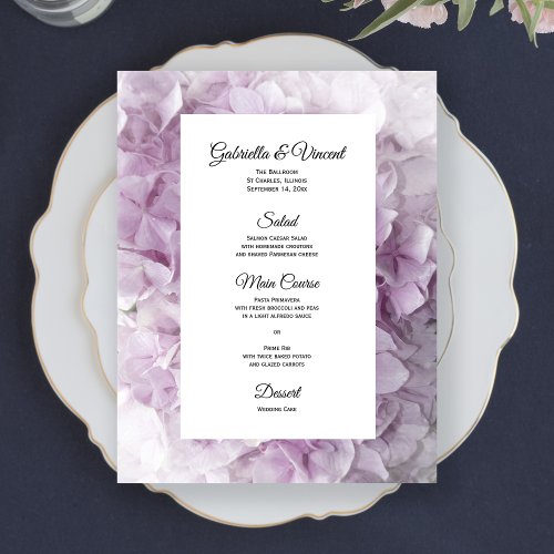 Soft Pink Hydrangea Floral Wedding Menu