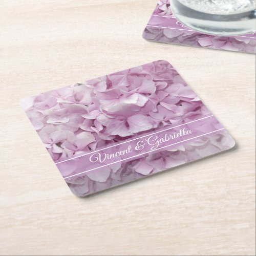 Soft Pink Hydrangea Flower Wedding Square Paper Coaster