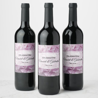 Soft Pink Hydrangea Flowers Wedding Wine Label