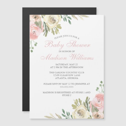 Soft Pink Ivory Floral Elegant Girl Baby Shower Magnetic Invitation