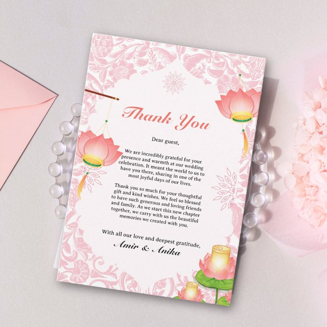 Soft Pink Lotus Lanterns Indian Inspired Wedding Thank You Card (Creator Uploaded)