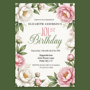 Soft Pink Magnolia and Peony 101st Birthday Invitation
