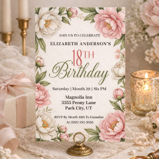 Soft Pink Magnolia and Peony 18th Birthday  Invitation