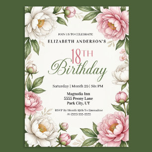 Soft Pink Magnolia and Peony 18th Birthday Invitation