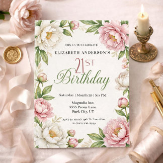 Soft Pink Magnolia and Peony 21st Birthday  Invitation