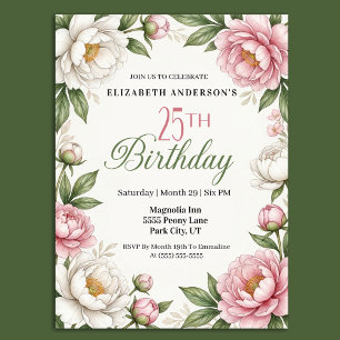 Soft Pink Magnolia and Peony 25th Birthday Invitation