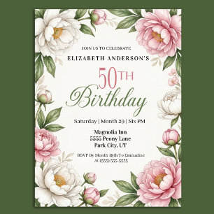 Soft Pink Magnolia and Peony 50th Birthday Invitation