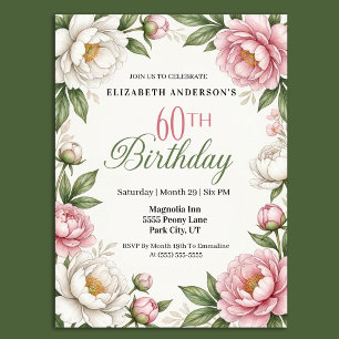Soft Pink Magnolia and Peony 60th Birthday Invitation
