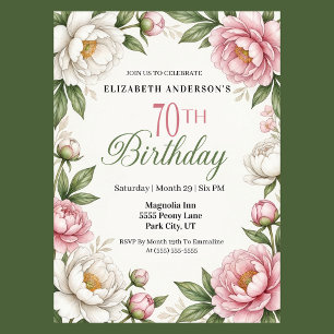 Soft Pink Magnolia and Peony 70th Birthday Invitation