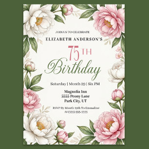 Soft Pink Magnolia and Peony 75th Birthday Invitation