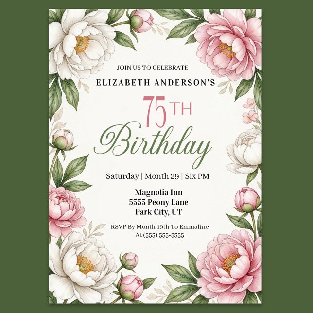 Soft Pink Magnolia and Peony 75th Birthday  Invitation (Elegant floral 75th birthday invitation with pink peonies white magnolias and green leaves)