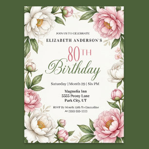 Soft Pink Magnolia and Peony 80th Birthday Invitation