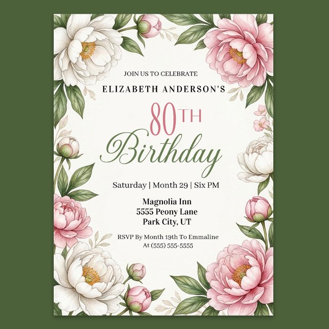 Soft Pink Magnolia and Peony 80th Birthday  Invitation (Elegant floral 80th birthday invitation with soft pink peonies white magnolia flowers )