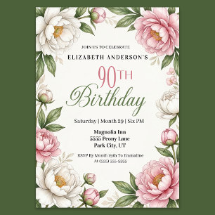 Soft Pink Magnolia and Peony 90th Birthday Invitation