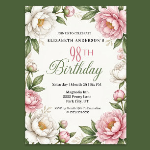 Soft Pink Magnolia and Peony 98th Birthday Invitation