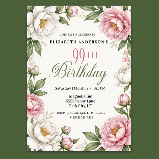 Soft Pink Magnolia and Peony 99th Birthday  Invitation (Elegant pink peony and white magnolia floral 99th birthday invitation with botanical greenery )