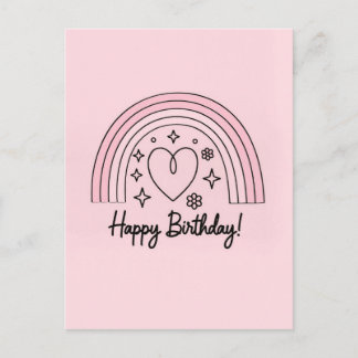 Soft pink minimalist heart with rainbow birthday postcard