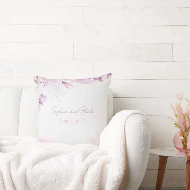 Soft Pink Modern Boho Floral and Leaves Wedding Throw Pillow (Couch)