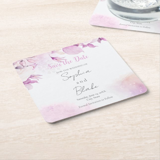 Soft Pink Modern Boho Floral Leaves Save the Date Square Paper Coaster (Angled)