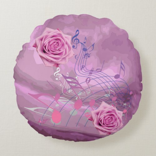 Soft Pink Music Notes  Roses Round Pillow