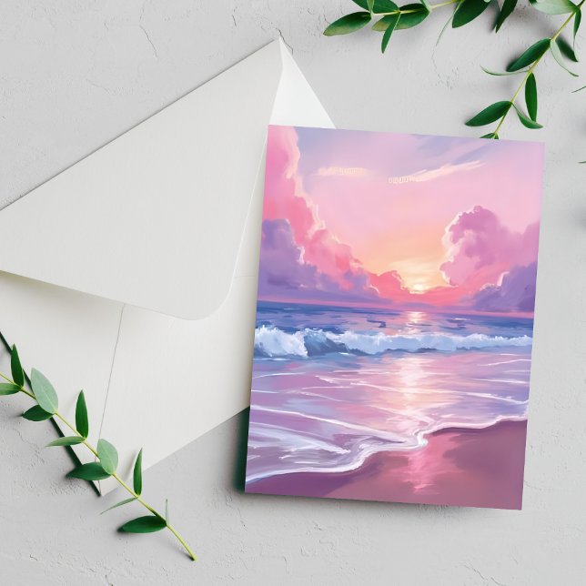 Soft Pink Ocean Waves Pastel Sun Watercolor Card (Creator Uploaded)