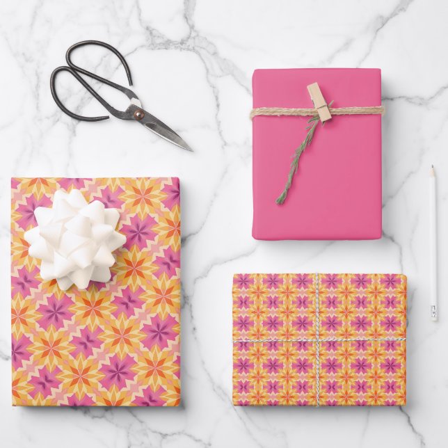 Soft Pink, Orange & Yellow Tile Pattern Wrapping Paper Sheets (Front)