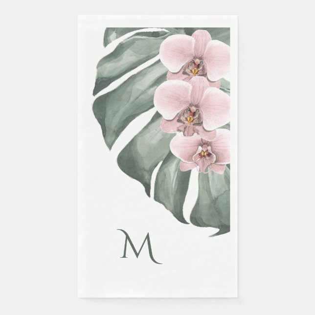 Soft Pink Orchids Tropical with Monogram Initial Paper Guest Towels (Front)