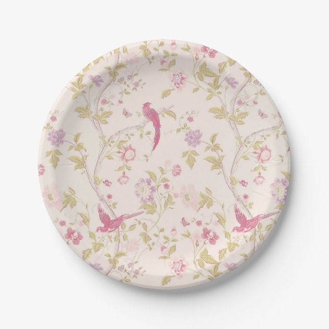 Soft Pink Oriental Birds Design Party Paper Plates (Front)