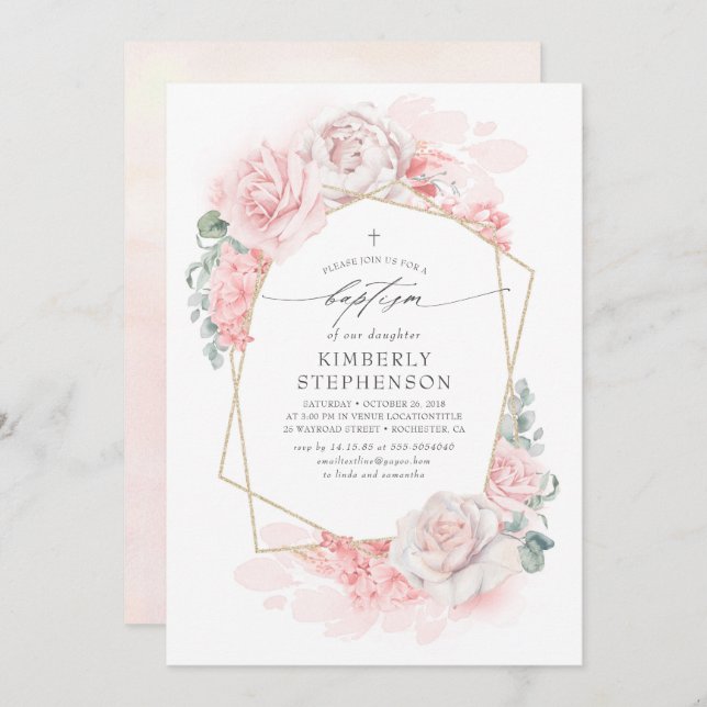 Soft Pink Pastel Flowers Elegant Modern Baptism Invitation (Front/Back)