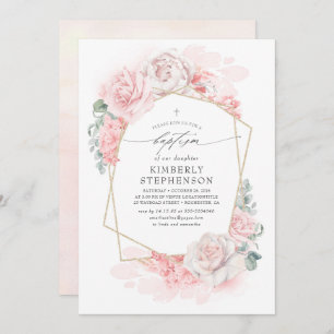 Soft Pink Pastel Flowers Elegant Modern Baptism Invitation
