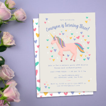 Soft Pink Pastel Rainbow Unicorn Birthday Party Invitation by 2BirdStone at Zazzle