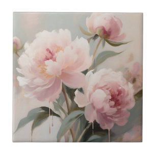 Soft Pink Peonies Floral Art Ceramic Tile