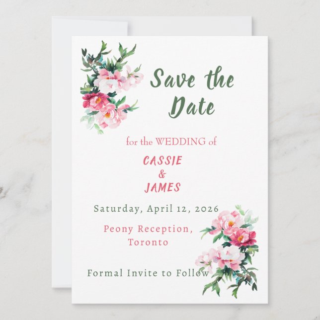 Soft Pink Peony & Eucalyptus Floral Save The Date (Front)