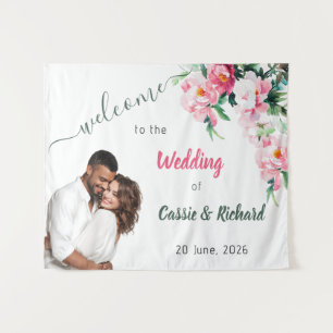 Soft Pink Peony & Eucalyptus Floral Wedding Banner Tapestry