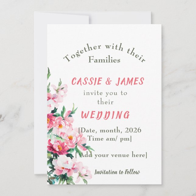 Soft Pink Peony & Eucalyptus Floral Wedding Invitation (Front)