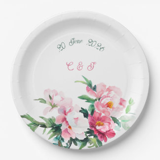 Soft Pink Peony & Eucalyptus Floral Wedding Paper Plates