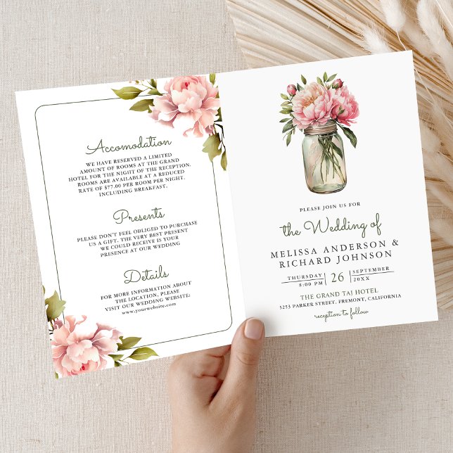 Soft Pink Peony Flowers Mason Jar QR Code Wedding Invitation (Creator Uploaded)