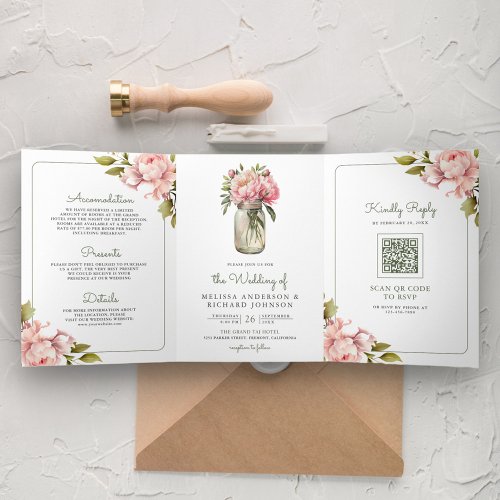 Soft Pink Peony Flowers Mason Jar QR Code Wedding Tri_Fold Invitation