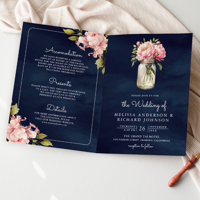 Soft Pink Peony Mason Jar QR Code Navy Wedding  Invitation (Creator Uploaded)