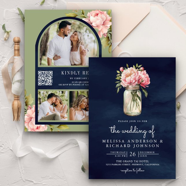 Soft Pink Peony Mason Jar QR Code Navy Wedding  Invitation (Creator Uploaded)