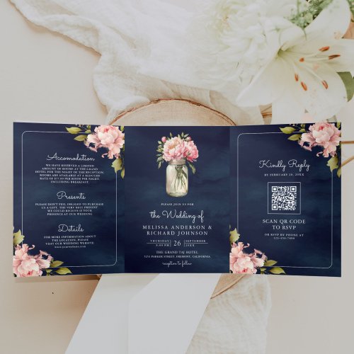 Soft Pink Peony Mason Jar QR Code Navy Wedding  Tri_Fold Invitation