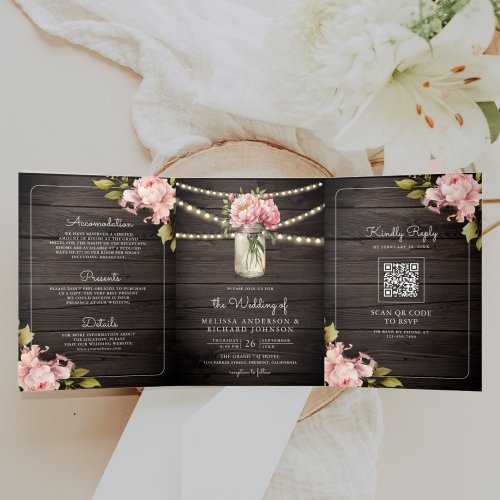 Soft Pink Peony Mason Jar QR Code Wood Wedding Tri_Fold Invitation